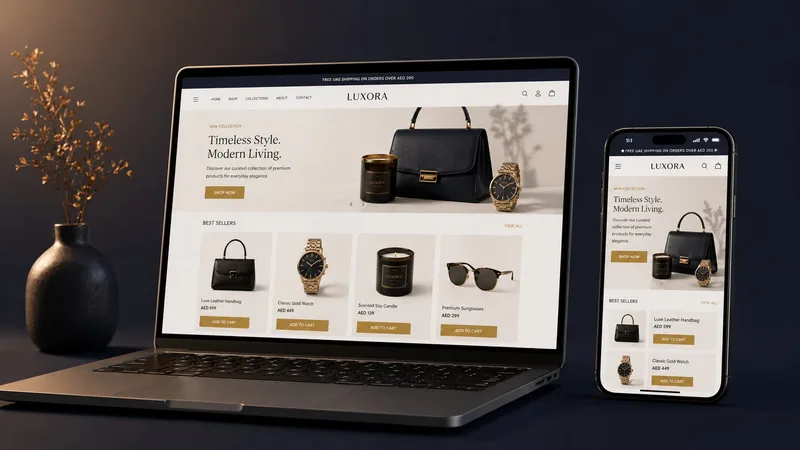 Ecommerce website development Dubai — laptop and phone showing premium UAE online store with AED pricing